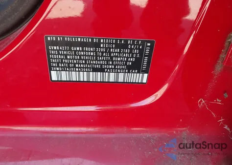 2014 Volkswagen Jetta 1.8T Se z USA, uszkodzony, nr VIN 3VWD17AJXEM430652